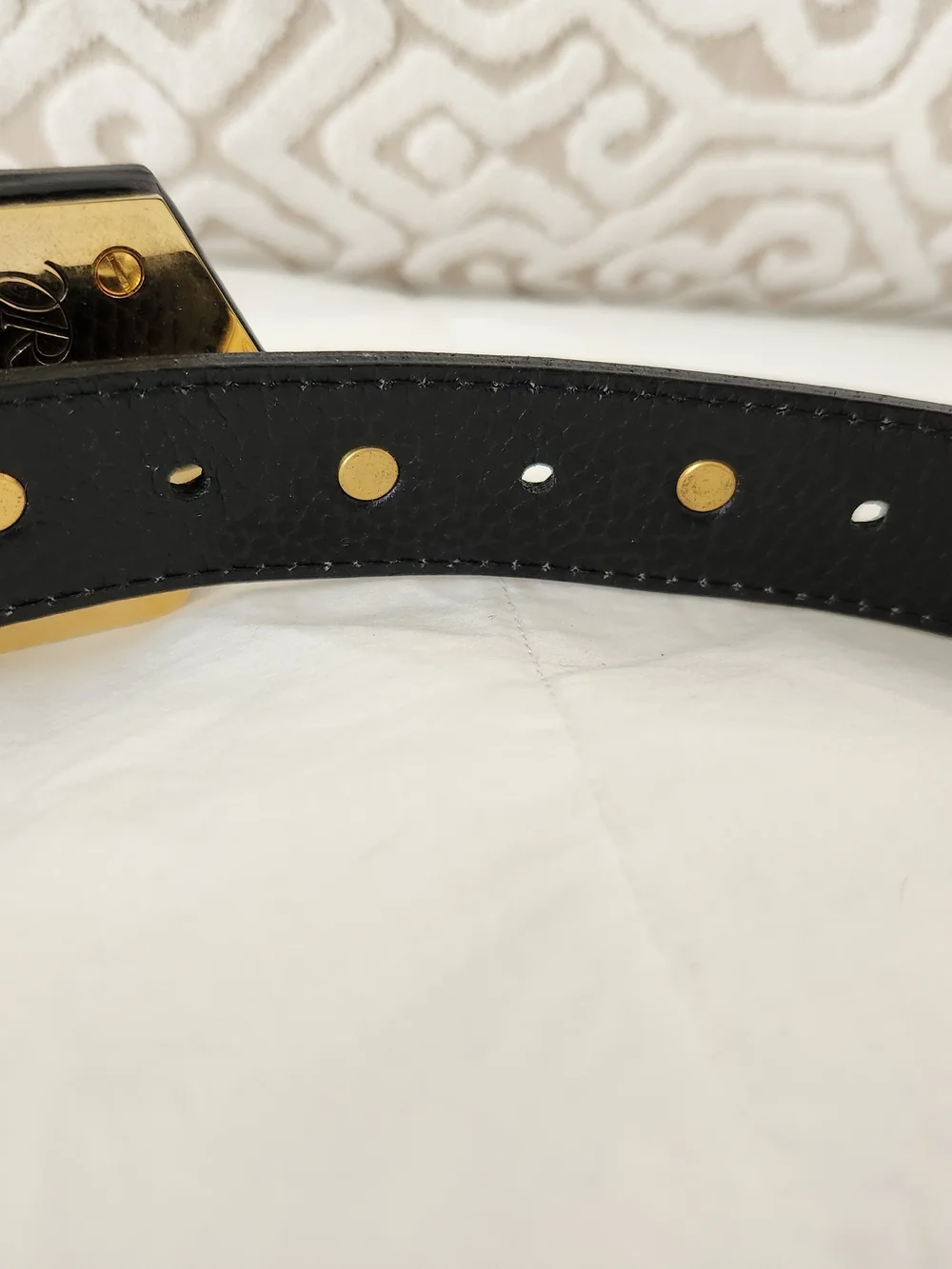 Vintage Revillon Paris Black Calf Leather Studded Belt Gold Crest Hexagon Buckle
